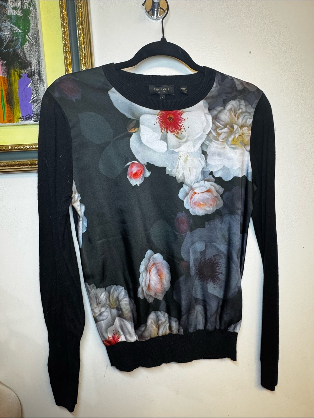 Ted Baker Black Floral Print Long Sleeve Top with Pink Accents